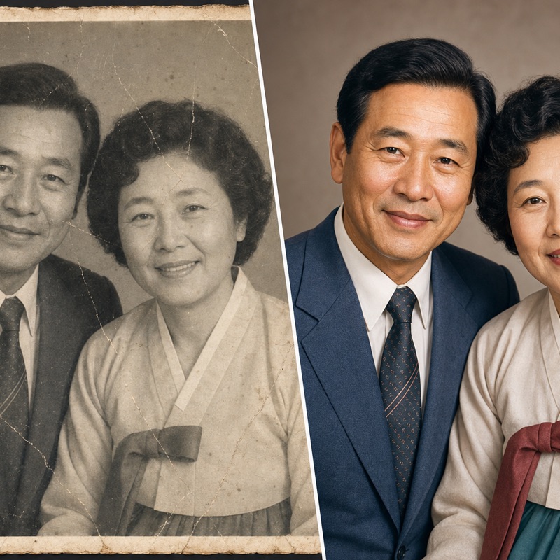 부모님 옛 사진 복원 예시 — 흑백 흐림에서 컬러 4K로
