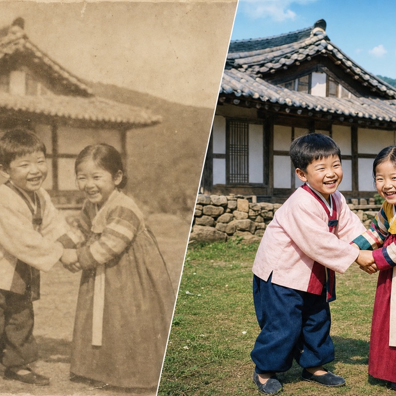 어린 시절 사진 복원 예시 — 빛바랜 흑백에서 선명한 컬러로