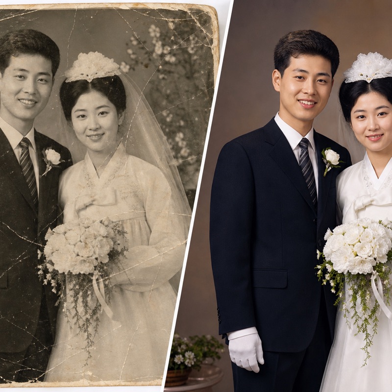 부모님 결혼 사진 복원 예시 — 액자에 걸 만큼 또렷하게